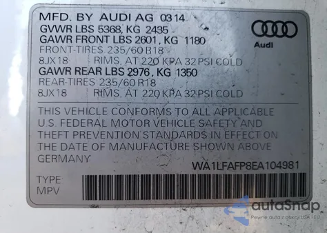 2014 Audi Q5 Premium Plus из США, поврежденный, VIN WA1LFAFP8EA104981